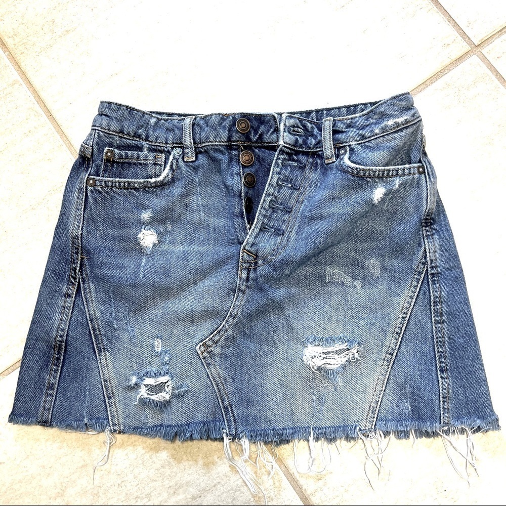 We The Free Blue Distressed Mini Skirt